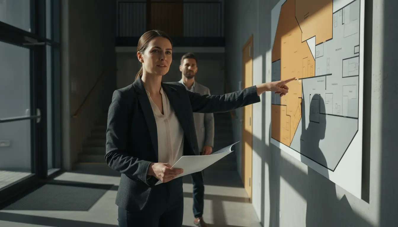 acc-sicherheitstechnik-blog_846287 Frau im Anzug zeigt Grundriss an der Wand.